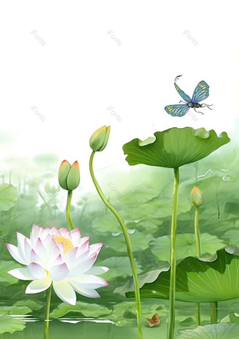 绿色优美古典池塘荷叶荷花胡蝶插画,插画/手绘图,插画/手绘图库,插画/手绘图下载,插画/手绘